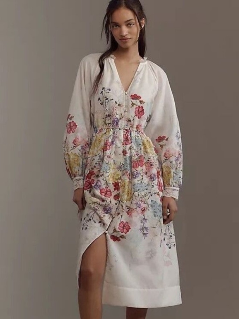 Anthropologie LET ME BE LONG-SLEEVE V-NECK FLORAL A-LINE MIDI DRESS XL Lace Trim